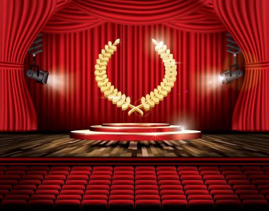 Red Stage Curtain with Spotlights, Seats and Golden Laurel Wreat clipart