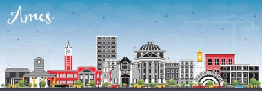 Ames Iowa manzarası renkli binalar ve mavi gökyüzü ile.