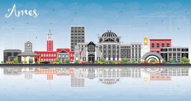 Ames Iowa manzarası renkli binalar, mavi gökyüzü ve yansımaları ile