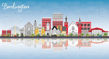 Burlington Iowa manzarası renkli binalar, mavi gökyüzü ve tepki