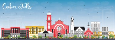 Cedar Falls Iowa manzarası renkli binalar ve mavi gökyüzü ile.