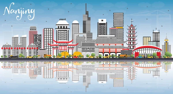 Nanjing China Skyline con edificios grises, cielo azul y reflecti — Vector de stock