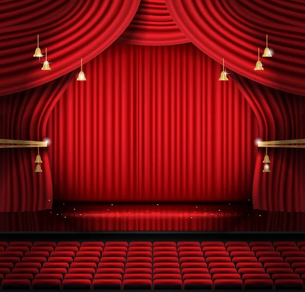 Cortina de escenario roja con asientos y espacio de copia . — Vector de stock