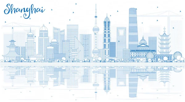 Esquema de Shanghai Skyline con edificios azules y reflexiones . — Vector de stock