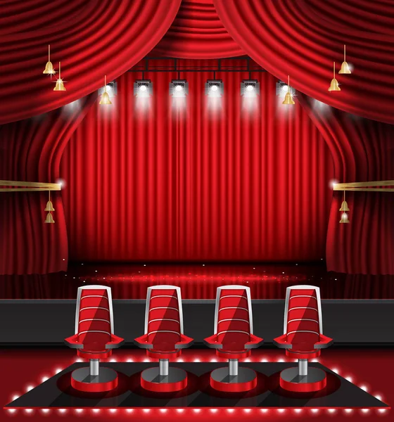 Cortina de escenario roja con proyectores y cuatro sillas . — Vector de stock