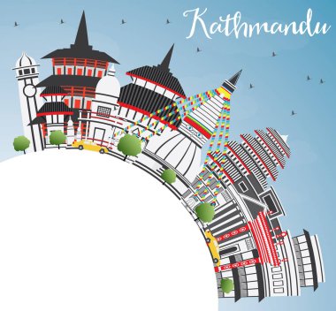 Katmandu manzarası gri binalar, mavi gökyüzü ve kopya alanı.