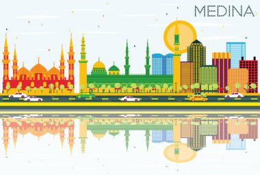 Medine manzarası renkli binalar, mavi gökyüzü ve yansımaları ile.