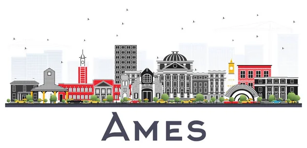 Ames Iowa Skyline avec des bâtiments de couleur isolés sur fond blanc — Image vectorielle