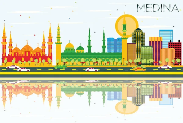 Medina Skyline con edificios de color, cielo azul y reflexiones . — Archivo Imágenes Vectoriales
