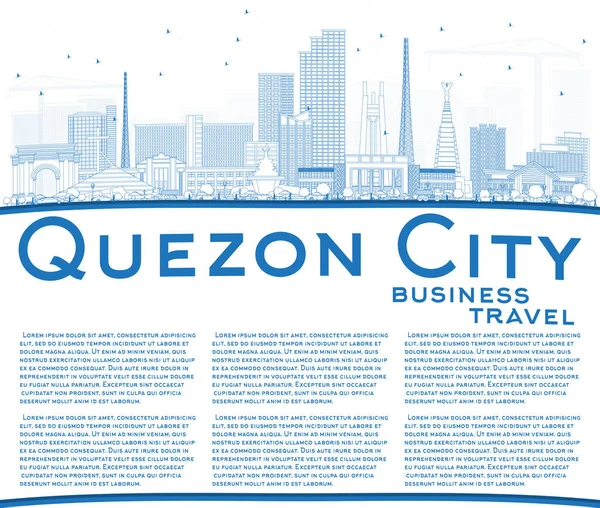 Zarys Quezon City Skyline Filipiny z niebieskie budynki i — Wektor stockowy