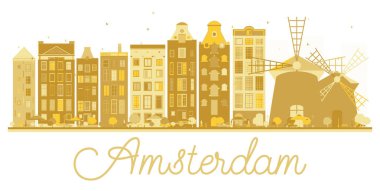 Amsterdam şehir manzarası altın siluet.