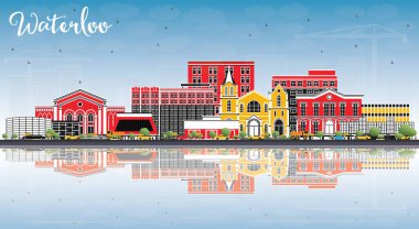 Waterloo Iowa manzarası renkli binalar, mavi gökyüzü ve yansıtmak