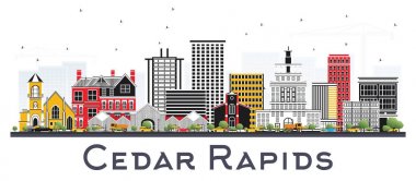 Cedar Rapids Iowa manzarası ile renk üzerine beyaz izole binalar