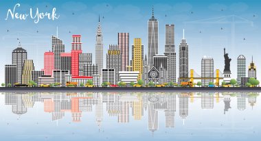 New York ABD Skyline gri binalar, mavi gökyüzü ile Reflectio