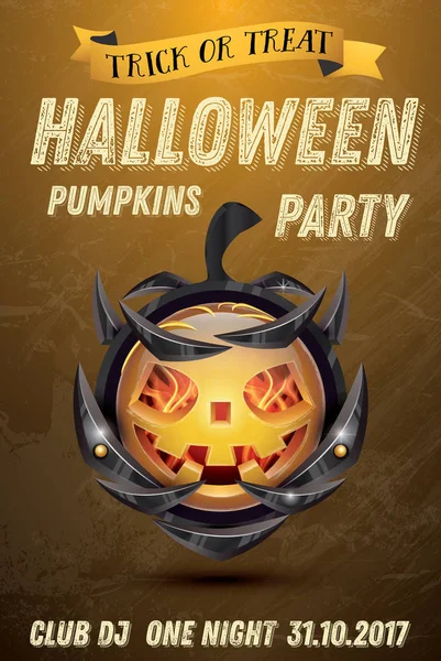 Halloween Party Flyer with Pumpkin with Fire Flames on Armor. — Stock Vector