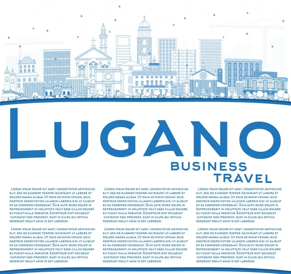 Kontur Lugano Schweiz Skyline med blå byggnader och kopia — Stock vektor