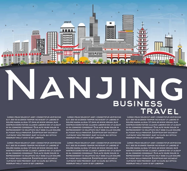 Nanjing Kina Skyline med grå byggnader, blå himmel och kopia Spa — Stock vektor
