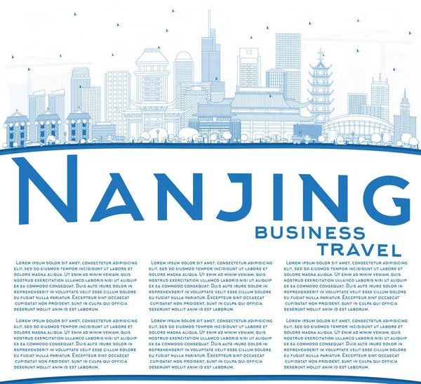 Zarys Nanjing Chiny Skyline z niebieskie budynki i miejsca kopii — Wektor stockowy