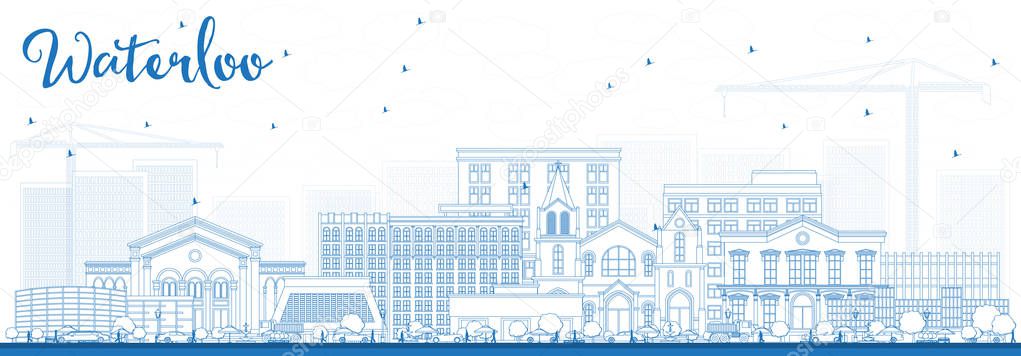 Outline Waterloo Iowa Skyline with Blue Buildings.