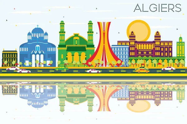 Algiers Skyline with Color Buildings, Blue Sky and Reflections. — Stock Vector