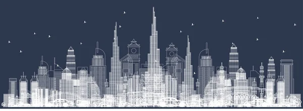 Zarys panoramę Dubaju z miasta wieżowce. Widok z przodu poprzez — Wektor stockowy