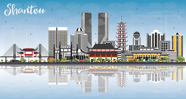 Shantou Cina Skyline con edifici grigi, cielo blu e riflessi — Vettoriale Stock