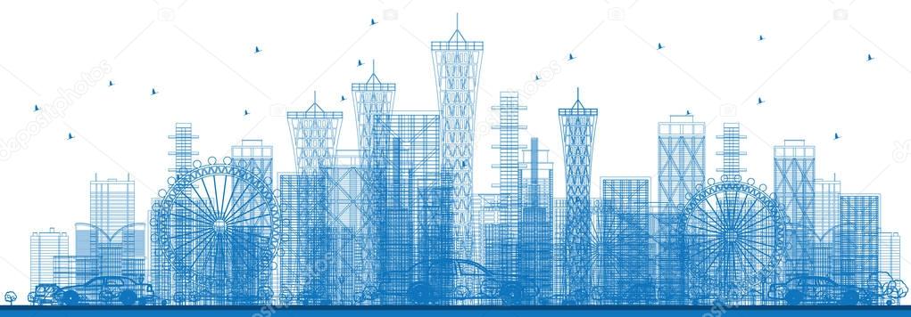 Outline City Skyscrapers and Buildings in Blue Color.