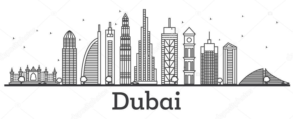 Outline Dubai UAE Skyline with Modern Buildings.