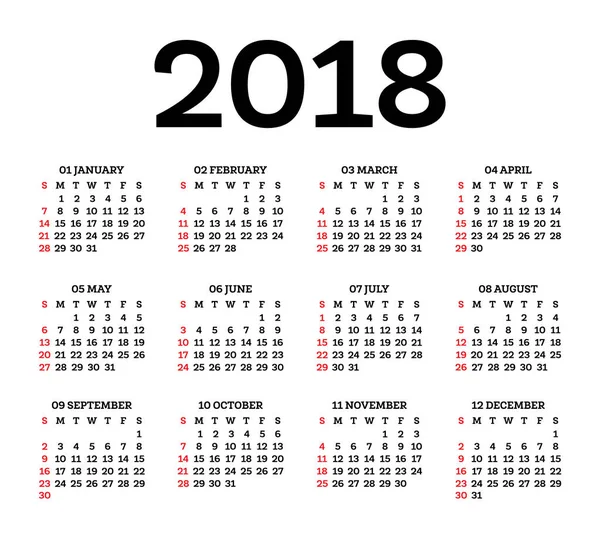 Kalender 2018 isoliert auf weißem Hintergrund. — Stockvektor