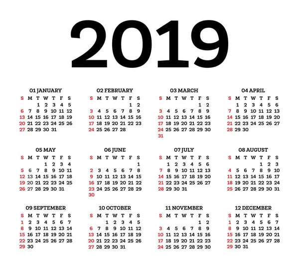 Kalender 2019 isoliert auf weißem Hintergrund. Woche beginnt mit Sonne — Stockvektor