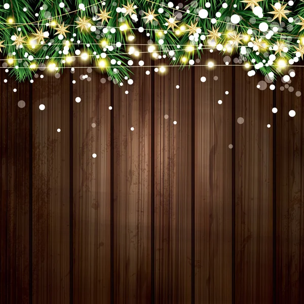 FIR gren med neonljus och snöflingor på trä bakgrund. — Stock vektor