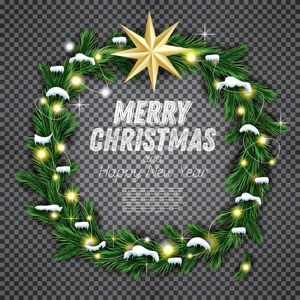 Різдвяні вінки з зеленим Fir відділення, світло Гарланд і Золотий — стоковий вектор