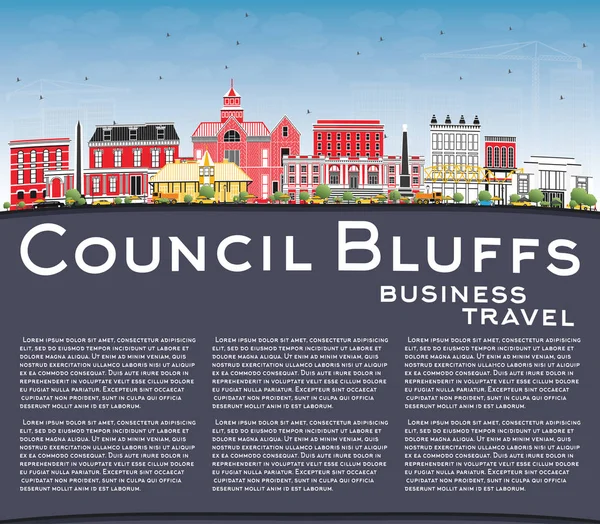 Consejo Bluffs Iowa Skyline con edificios de color, cielo azul y C — Vector de stock