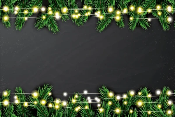 黒板背景にネオンの明かりでモミ枝. — ストックベクタ