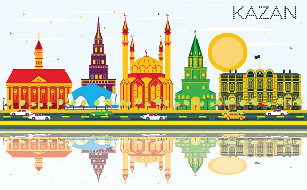 Kazan manzarası renkli binalar, mavi gökyüzü ve yansımaları ile. — Stok Vektör