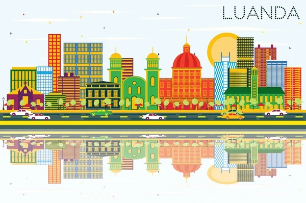 罗安达安哥拉地平线上有彩色建筑, 蓝天和反射 — 图库矢量图片
