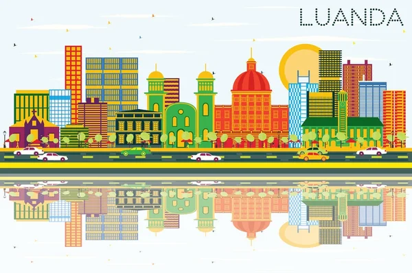 Luanda Angola Skyline met kleur gebouwen, blauwe hemel en weerspiegelen — Stockvector