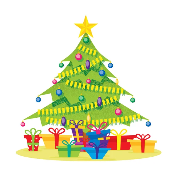 Árbol de Navidad Aislado en Blanco con Cajas de Regalo, Estrella, Bolas y — Archivo Imágenes Vectoriales