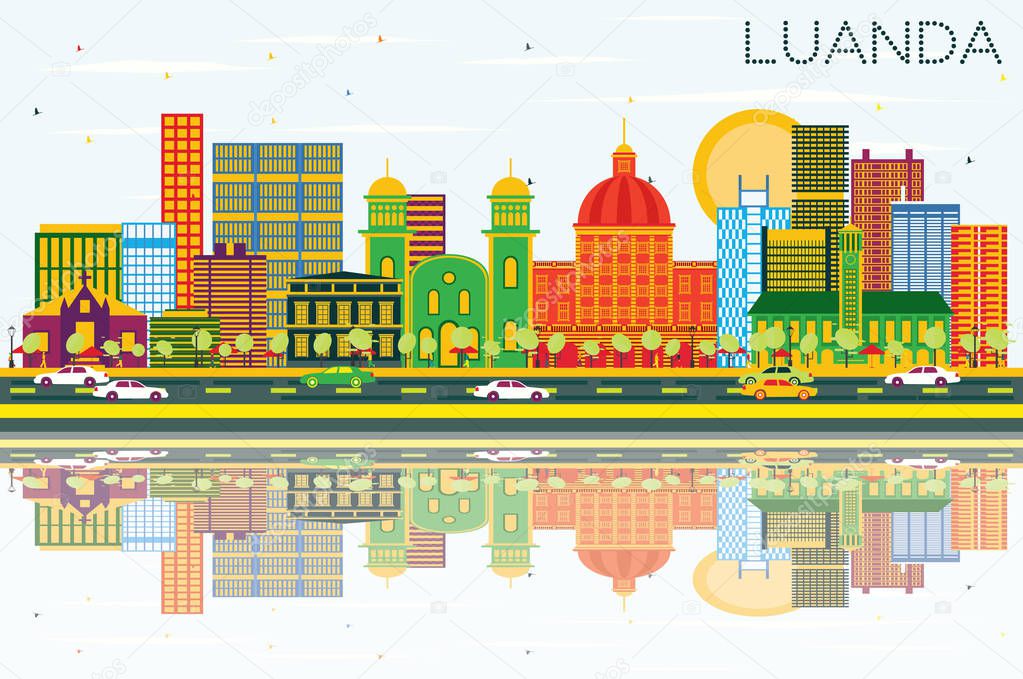 Luanda Angola Skyline with Color Buildings, Blue Sky and Reflect