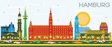 Hamburg manzarası renkli binalar ve mavi gökyüzü ile.