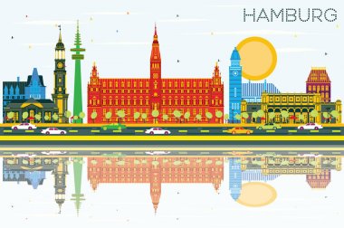 Hamburg manzarası renkli binalar, mavi gökyüzü ve yansımaları ile.