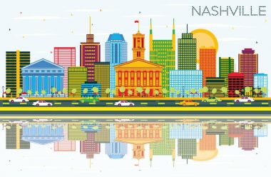 Nashville manzarası renkli binalar, mavi gökyüzü ve yansımaları ile
