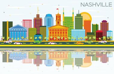 Nashville Skyline with Color Buildings, Blue Sky and Reflections clipart