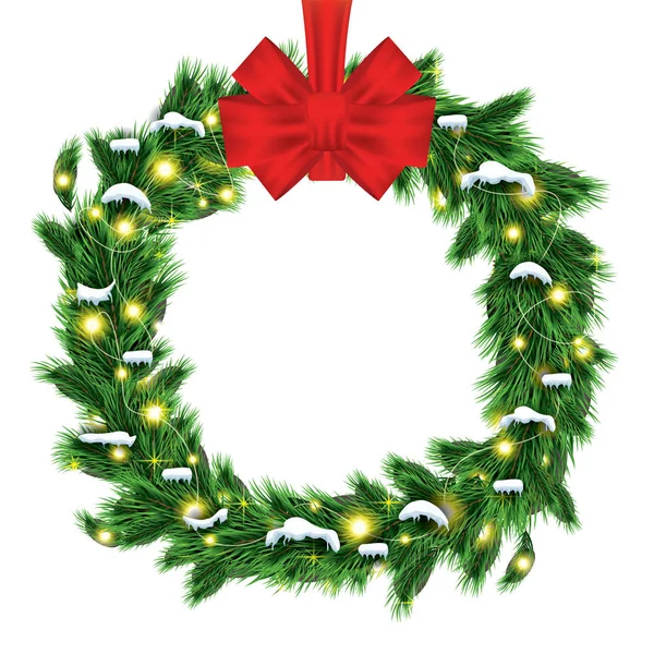 緑のモミの枝と W で隔離赤いリボンのクリスマス リース — ストックベクタ