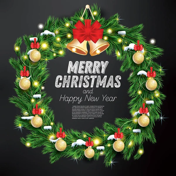 ग्रीन फर शाखा, लाइट गारलैंड और गोल्डन के साथ क्रिसमस मुकुट — स्टॉक वेक्टर
