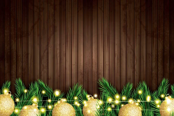 Rama de abeto con bolas de Navidad doradas y cuerda de neón en madera — Vector de stock