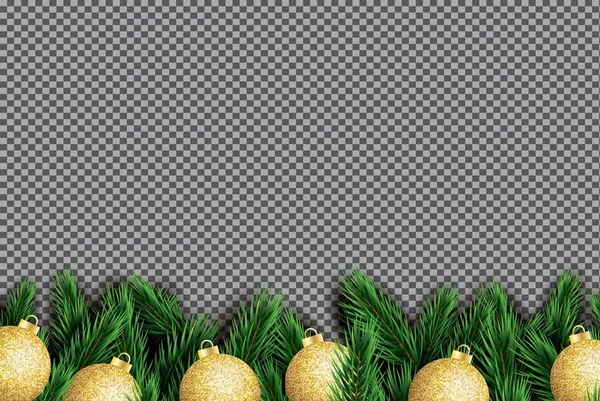 Tannenzweig mit goldenen Weihnachtskugeln auf transparentem Hintergrund — Stockvektor