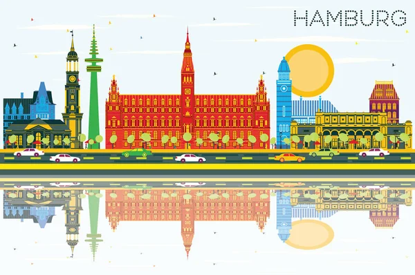 El horizonte de Hamburgo con edificios a color, cielo azul y reflexiones . — Archivo Imágenes Vectoriales