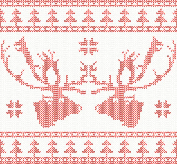 Knitted Deer Seamless Pattern in Red Color. — Stock Vector