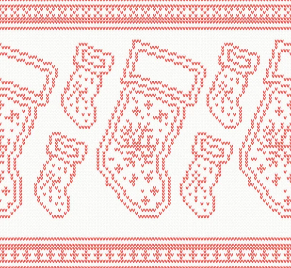Knitted Christmas Socks Seamless Pattern in Red Color. — Stock Vector